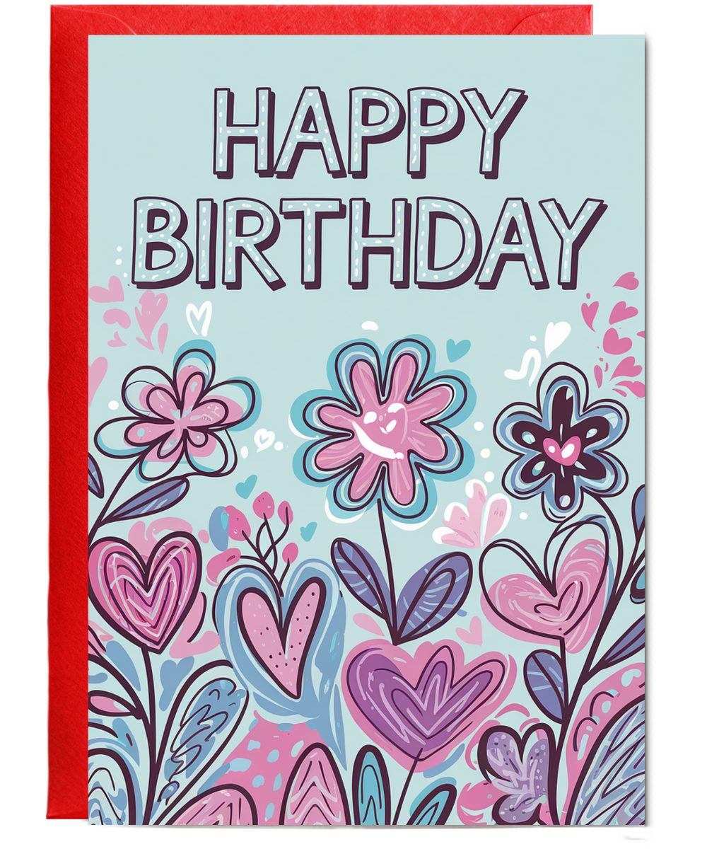 Happy Birthday Card bouquet flowers with hearts