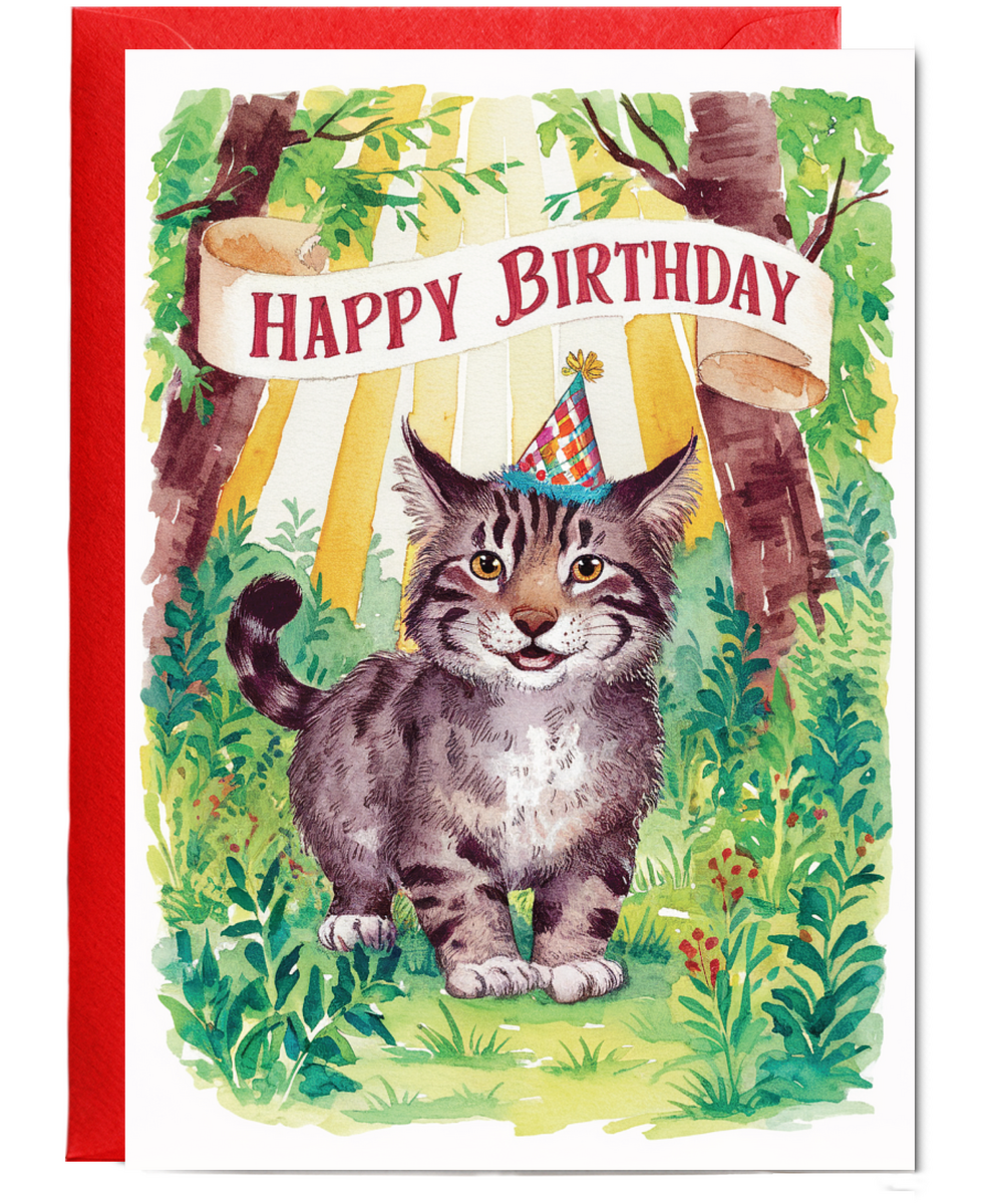 Happy Birthday cute wildcat watercolour