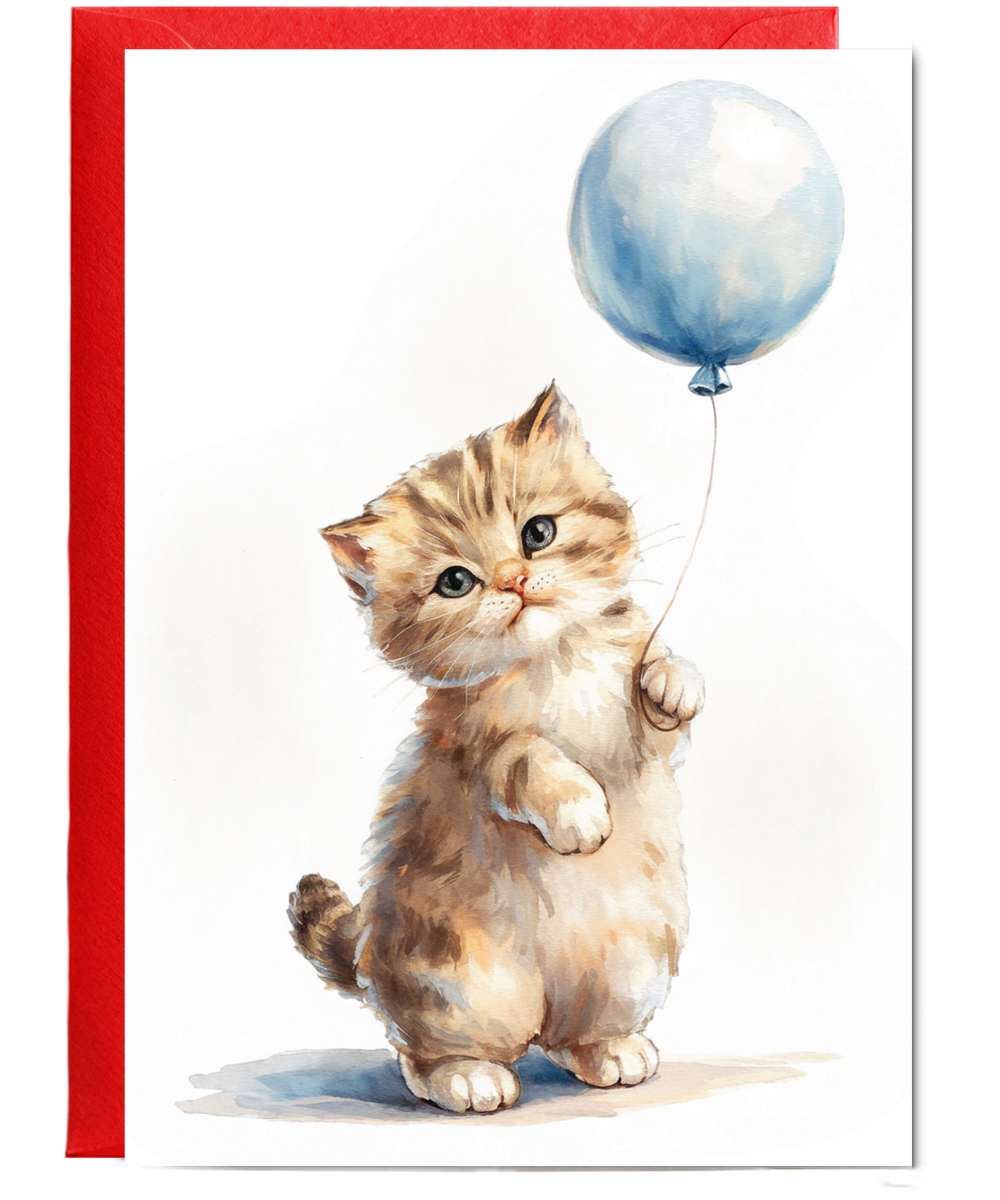 Kitten with a blue balloon