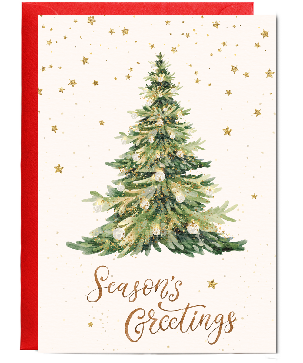 Season's greetings fake glitter effect watercolour Christmas tree