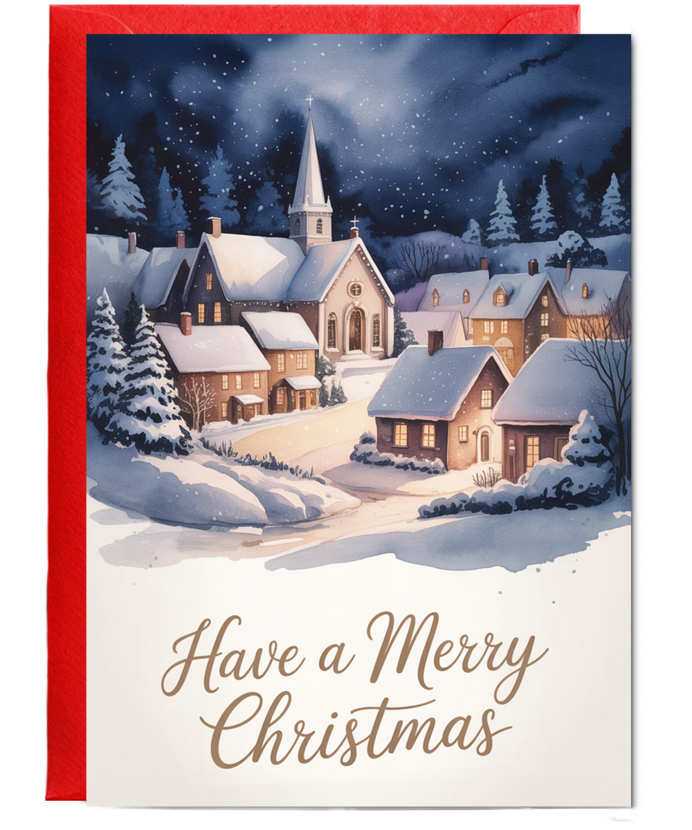 Have a merry Christmas snow village church watercolour