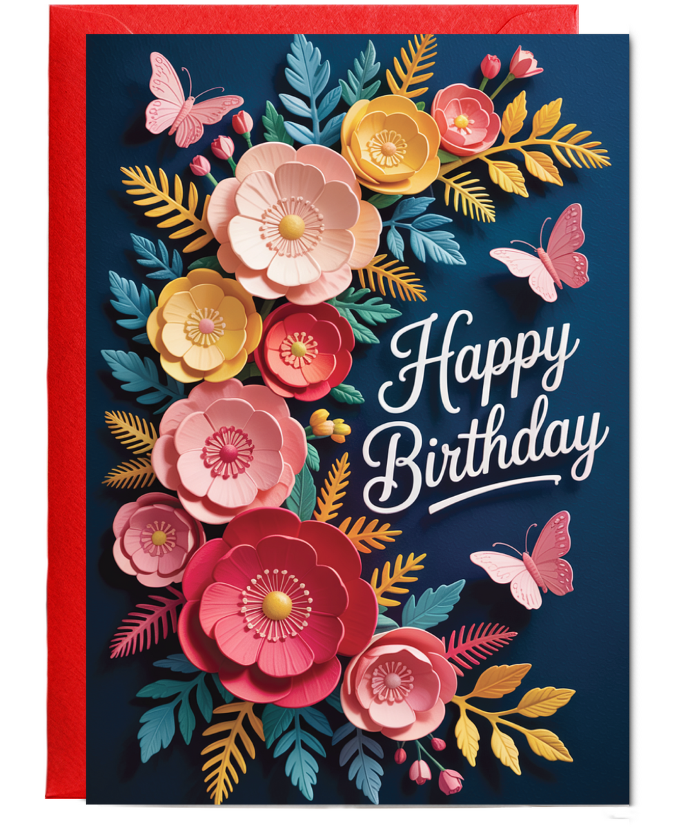 3D effect Flowers and butterfly happy birthday