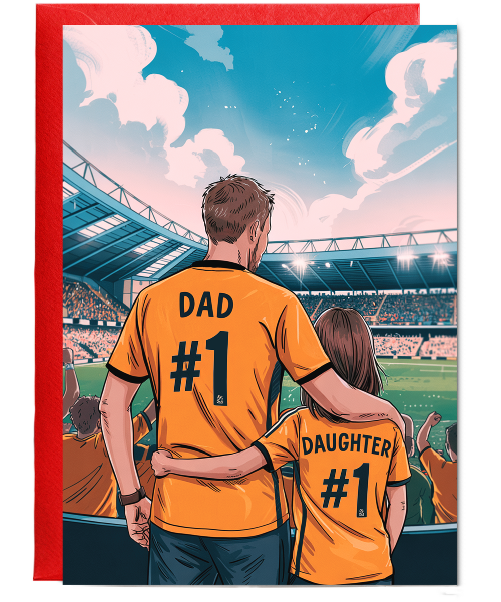 football gold with black number one dad and daughter