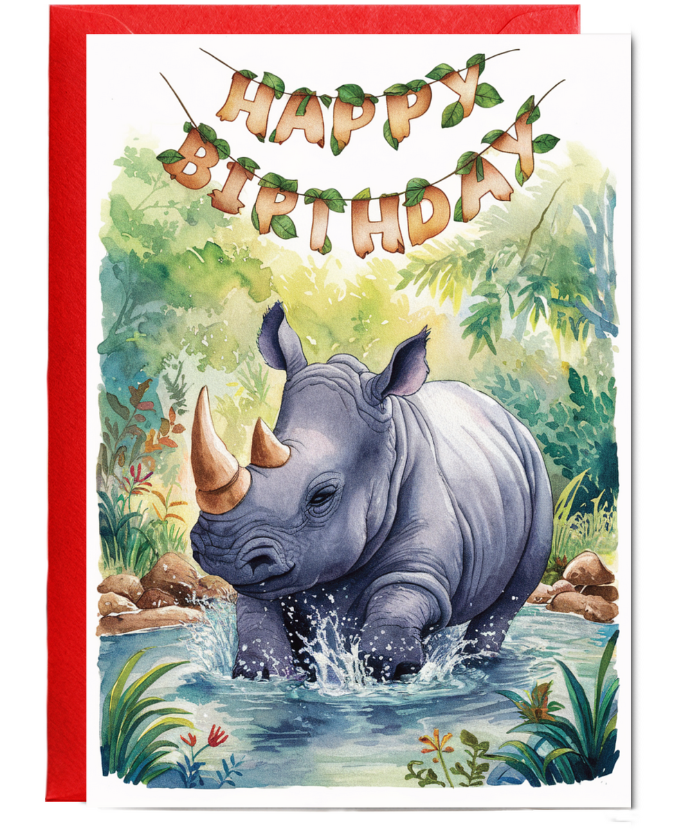 Happy Birthday cute rhinoceros watercolour