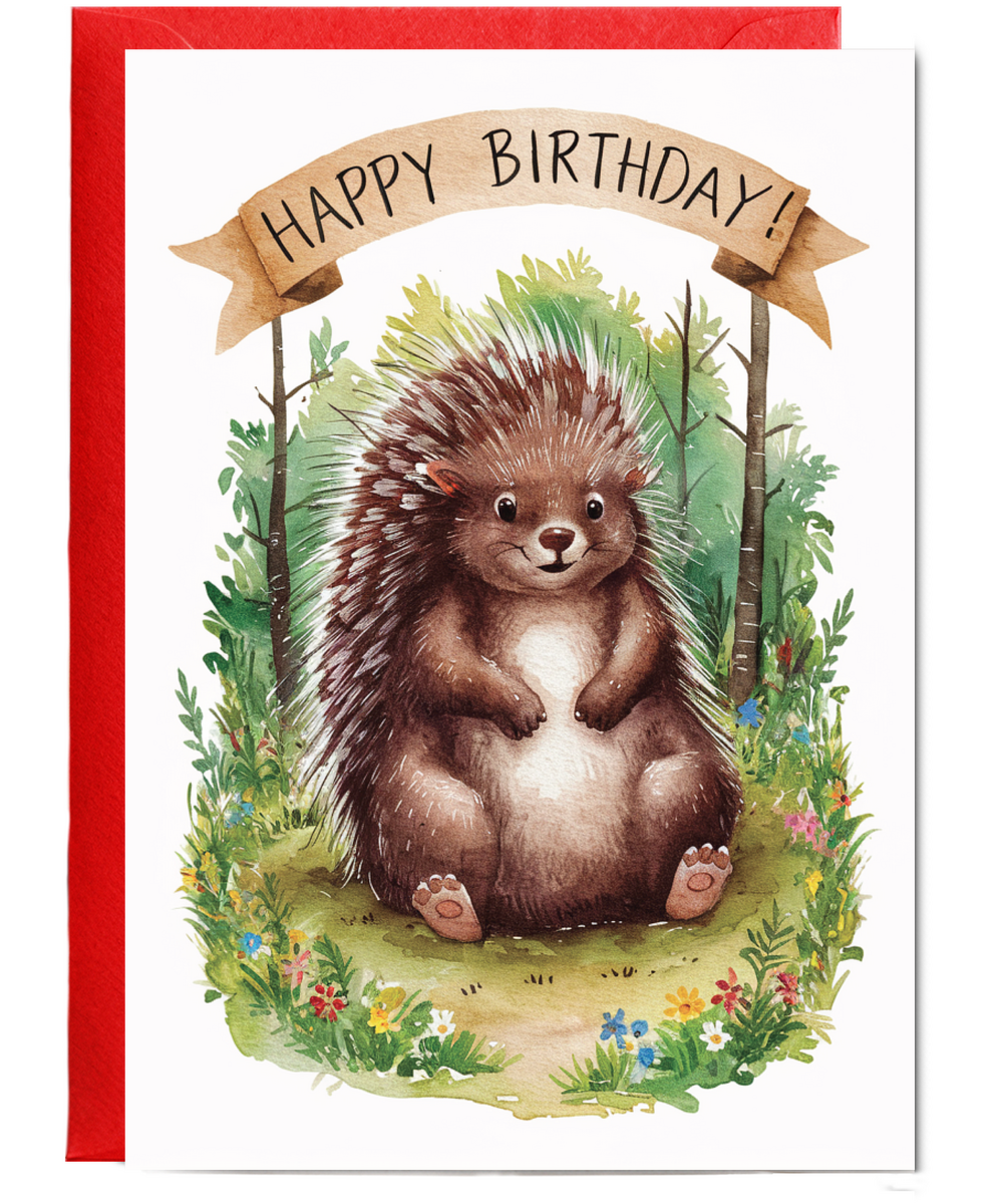 Happy Birthday cute porcupine watercolour