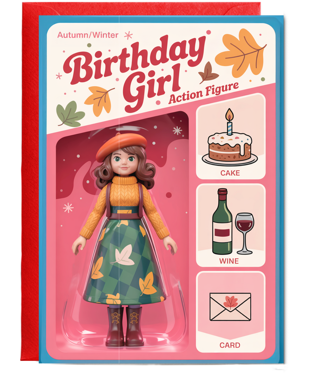Happy Birthday card autumn and winter birthday girl action figure