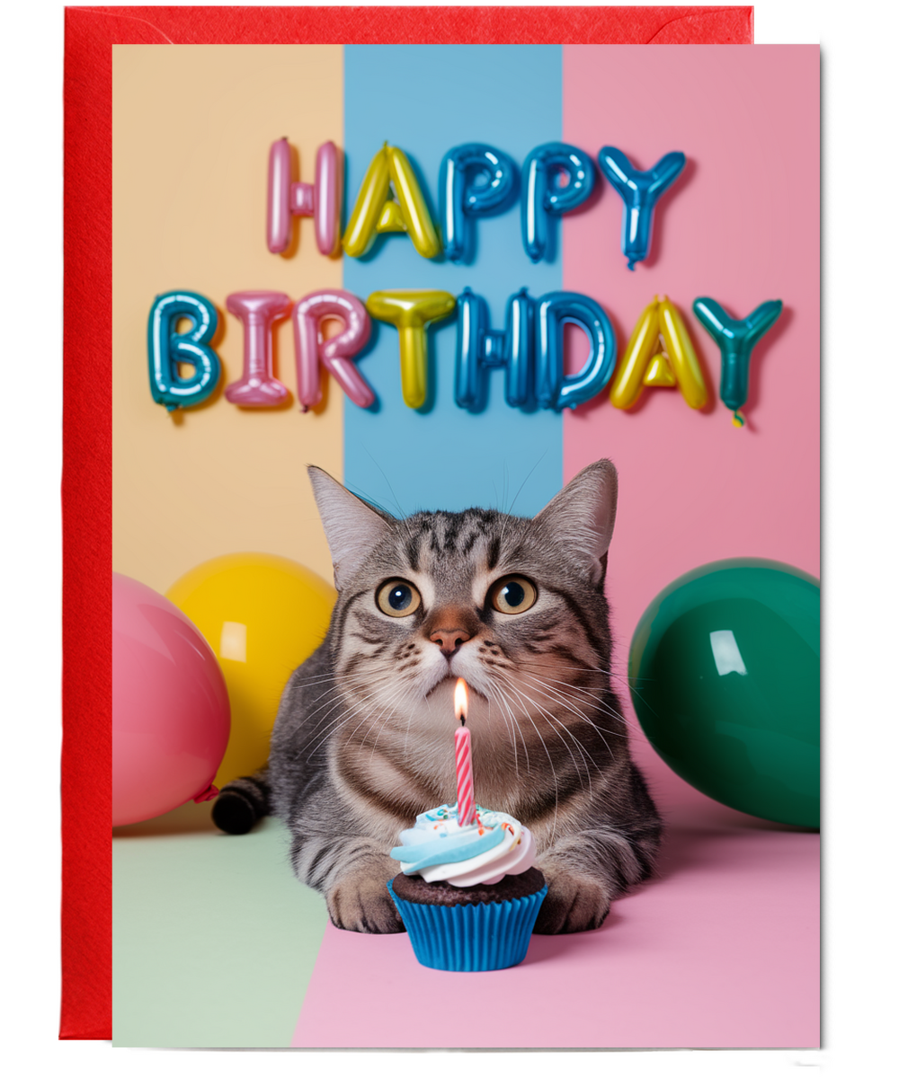 Happy Birthday with Cat with a Cupcake