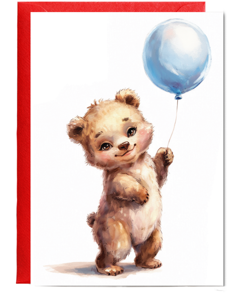 Bear cub with blue balloon