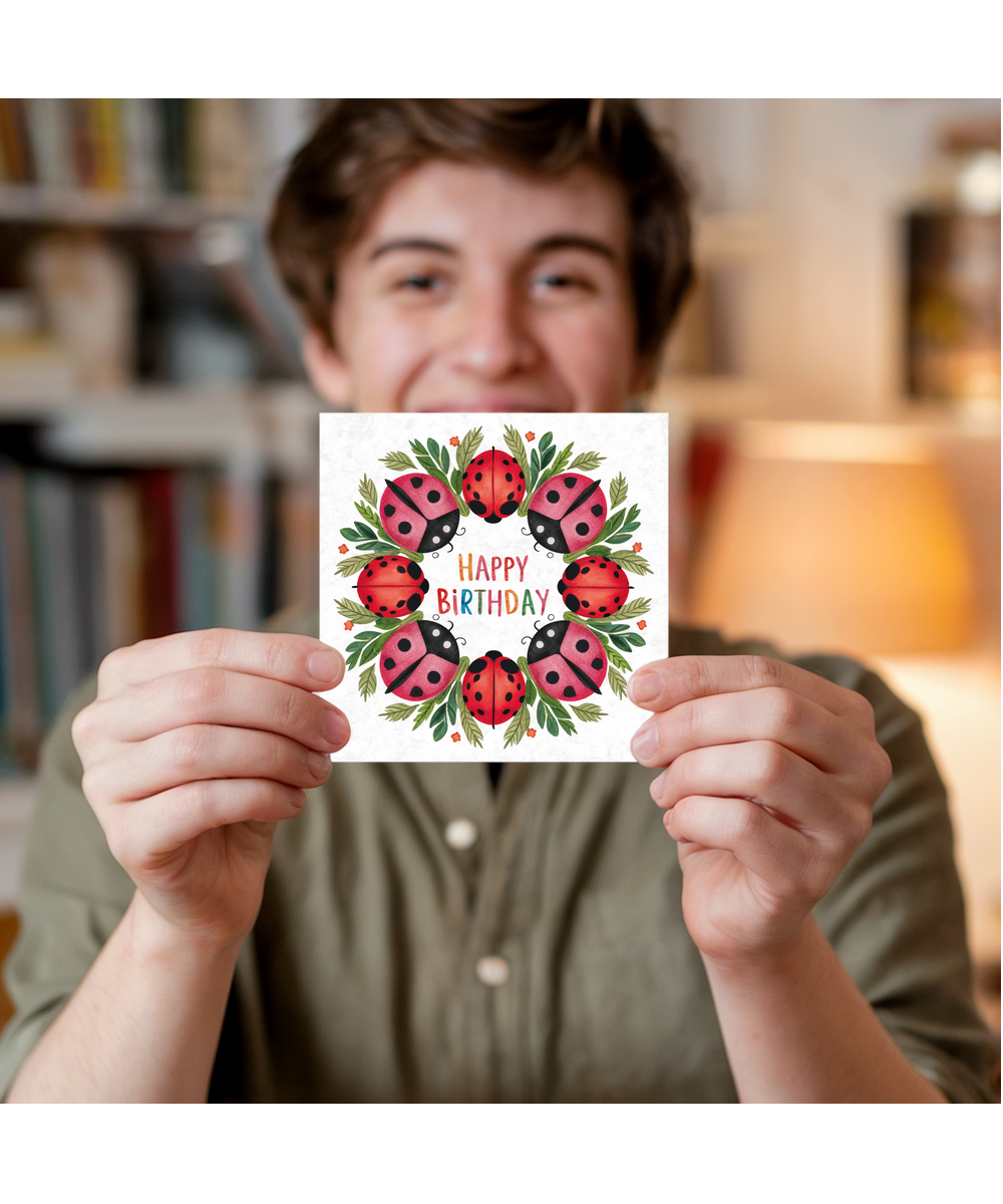 Ladybug Wreath Birthday Card for Garden Insect Lovers