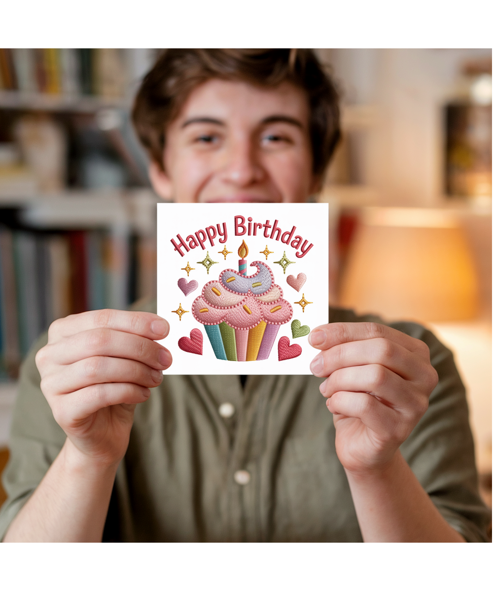 Embroidered style happy birthday cupcake