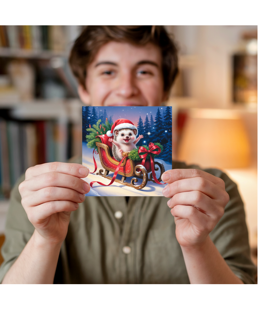 Cute Baby Hedgehog in Santas Sleigh Christmas Card Adorable Festive Greeting