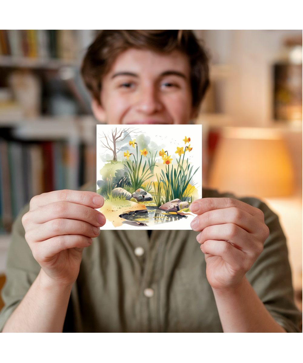 water colour scenery of daffodils and pond