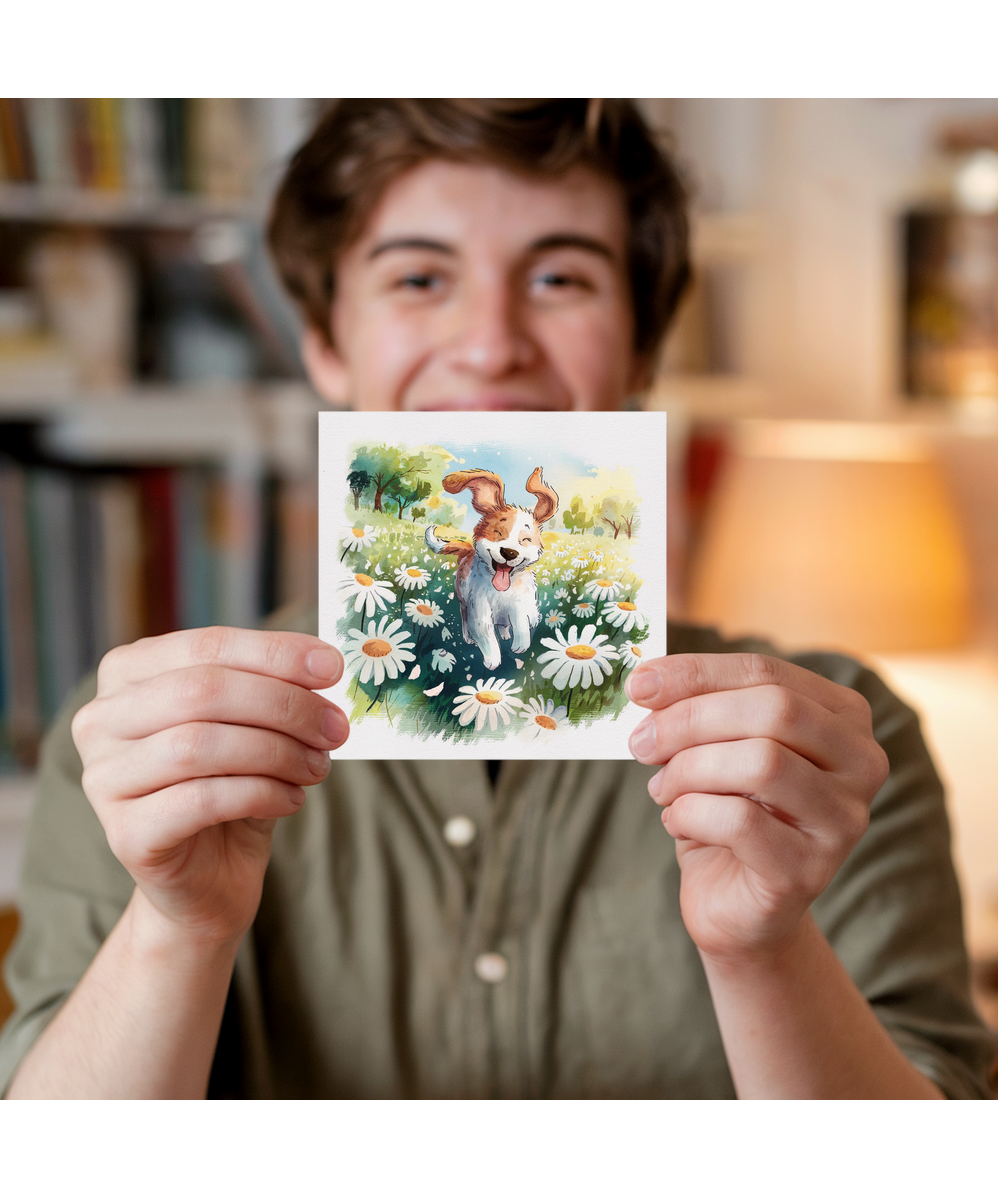 Adorable Watercolour Puppy Card Among the Daisies