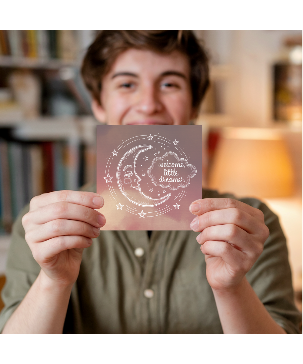 New Baby Card Welcome, Little Dreamer for boy or girl moon and stars