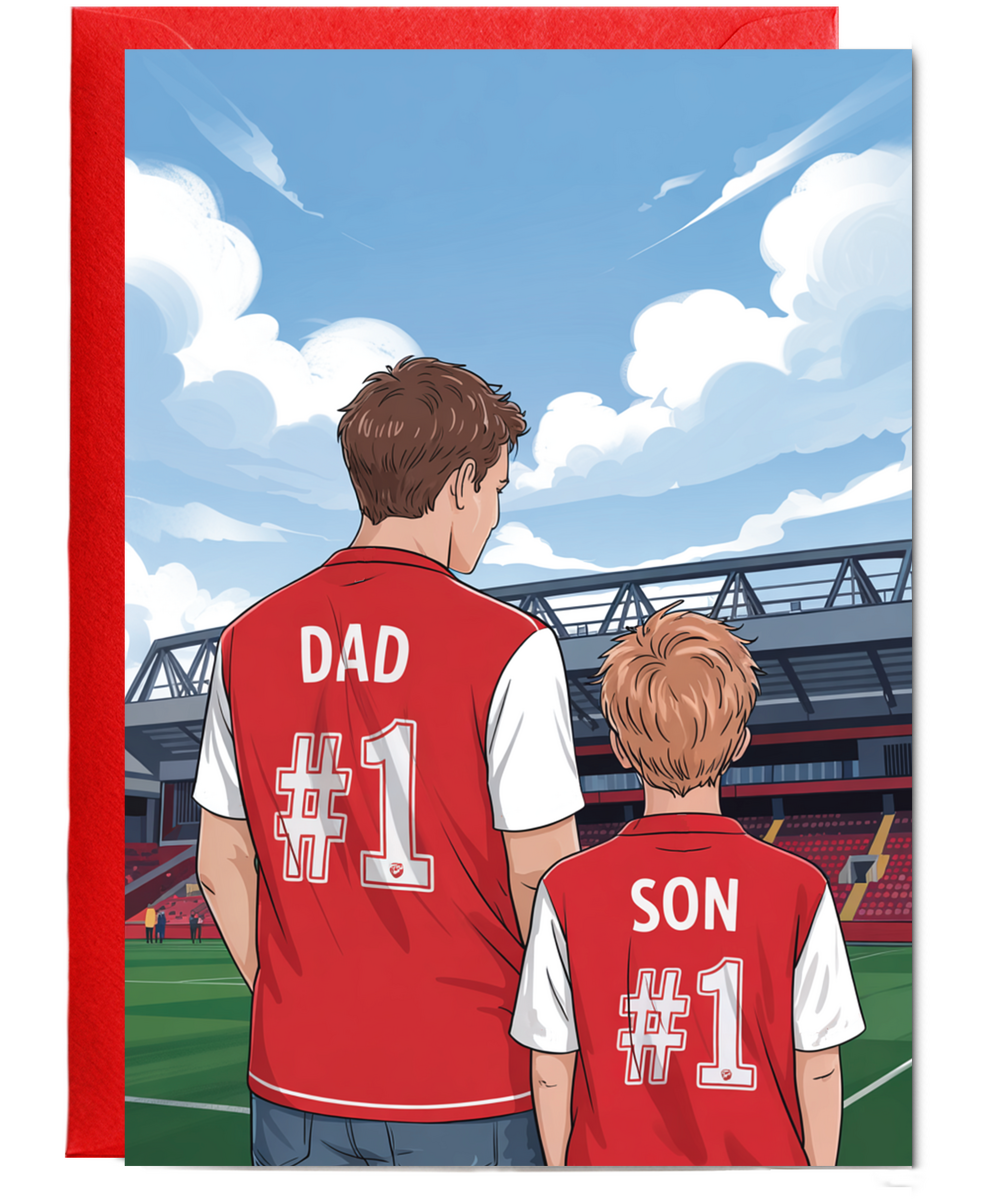football red and white number one dad and son