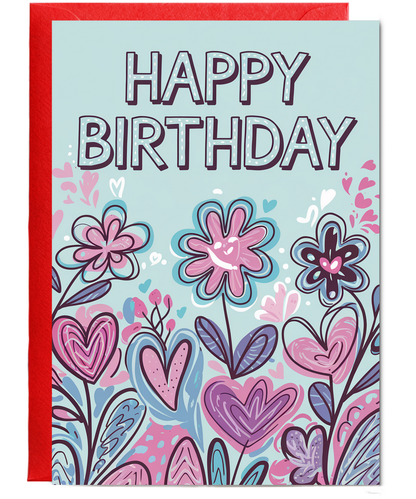 Happy Birthday Card bouquet flowers with hearts