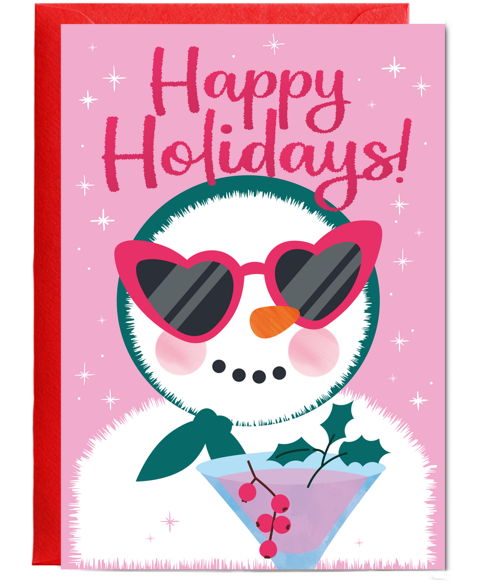 Christmas Card Happy Holidays with Classy Snow Woman and a Cocktail