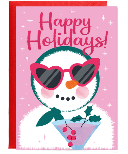 Christmas Card Happy Holidays with Classy Snow Woman and a Cocktail