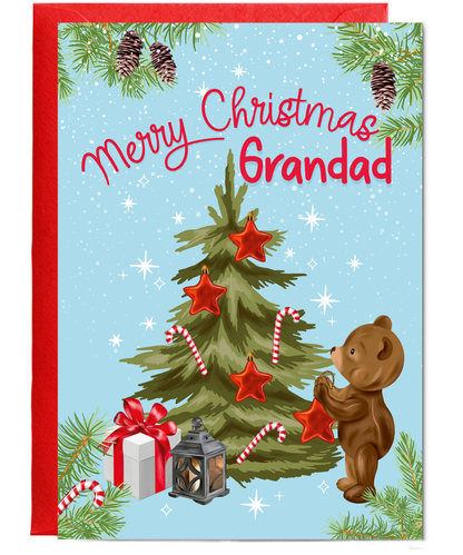 Merry Christmas Card for Grandad from Baby Bear Christmas Tree Decorating