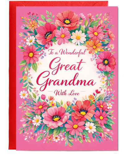Great Grandma Birthday Card With Love and Bright Floral Wreath