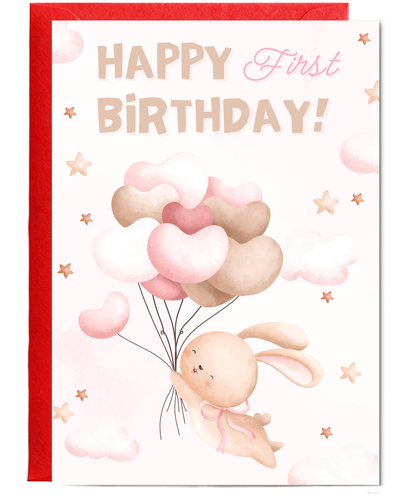happy first birthday card pink balloons bunny