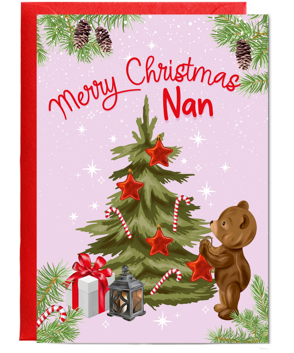 Merry Christmas Card for Nan from Baby Bear Christmas Tree Decorating