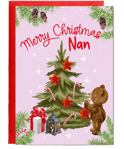 Merry Christmas Card for Nan from Baby Bear Christmas Tree Decorating