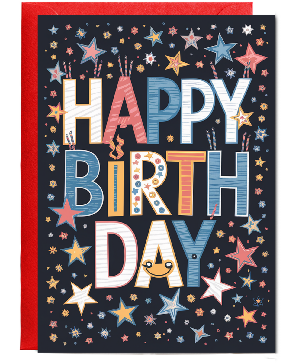 Happy Birthday in Bold Lettering with Stars