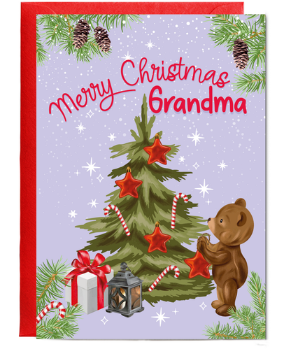 Merry Christmas Card for Grandma from Baby Bear Christmas Tree Decorating
