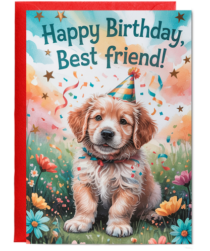 Happy Birthday card Best friend adorable Golden Retriever puppy