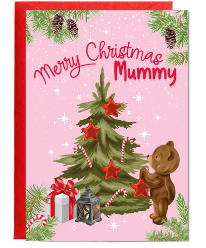 Merry Christmas Card for Mummy from Baby Bear Christmas Tree Decorating