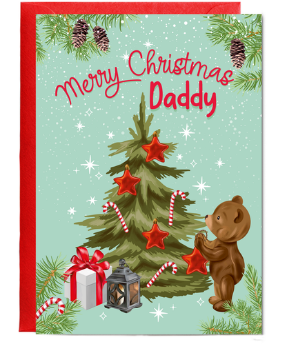 Merry Christmas Card for Daddy from Baby Bear Christmas Tree Decorating