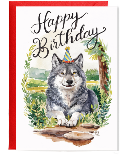 Happy Birthday cute wolf watercolour