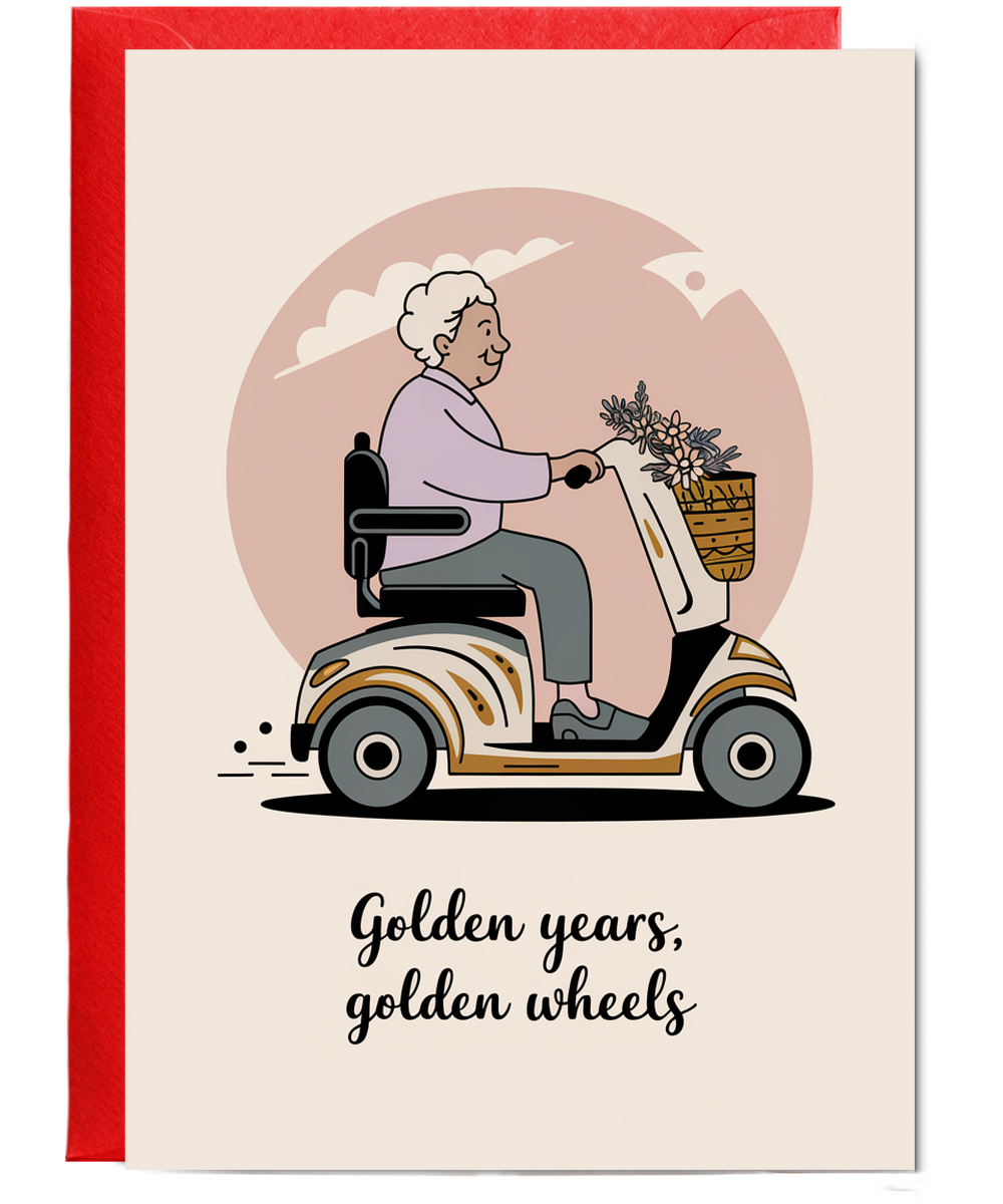 Funny Birthday Card Golden Years, Golden Wheels