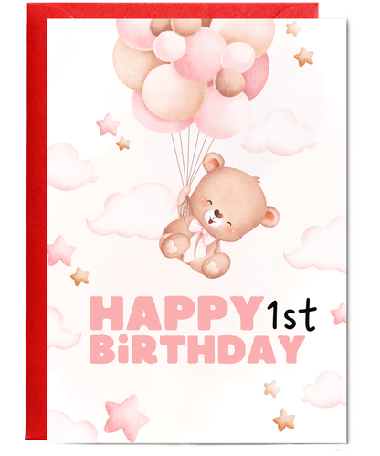 happy first birthday card pink balloons teddy bear