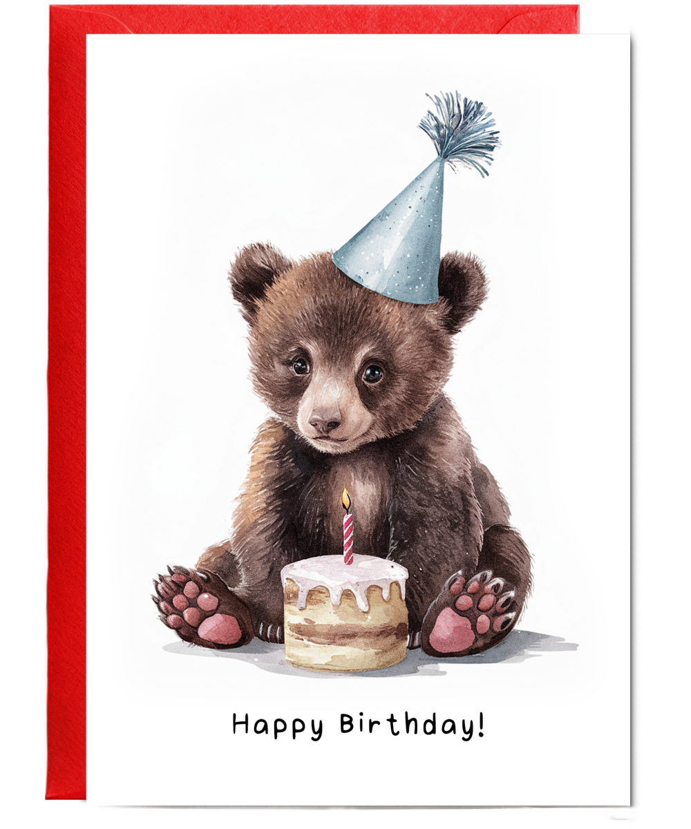 Baby Bear Birthday Card Adorable Animal Watercolour Illustration