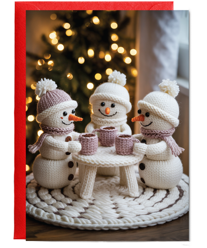 Knitted 3 snowmen drinking hot chocolate