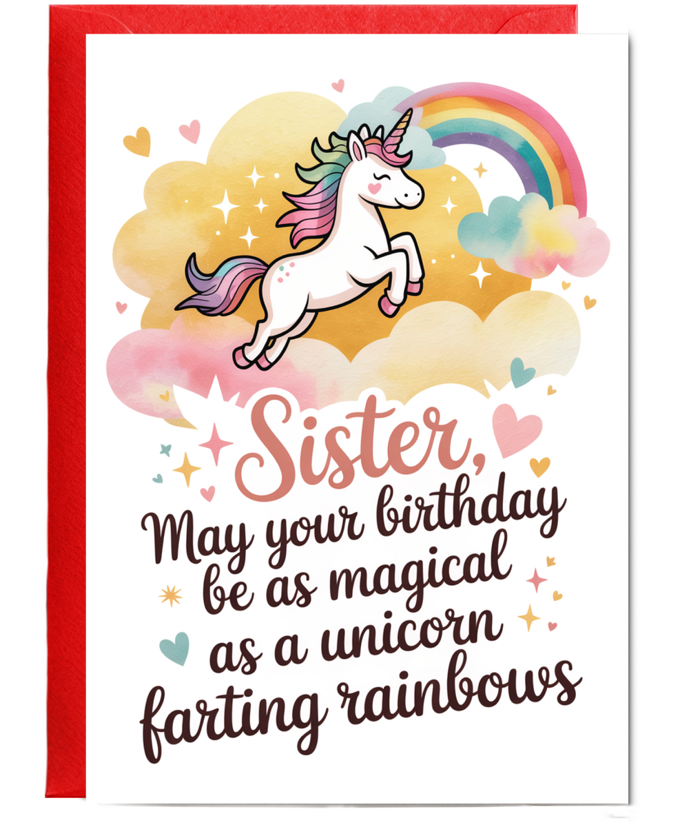 sister, may your birthday be as magical as a unicorn farting rainbows