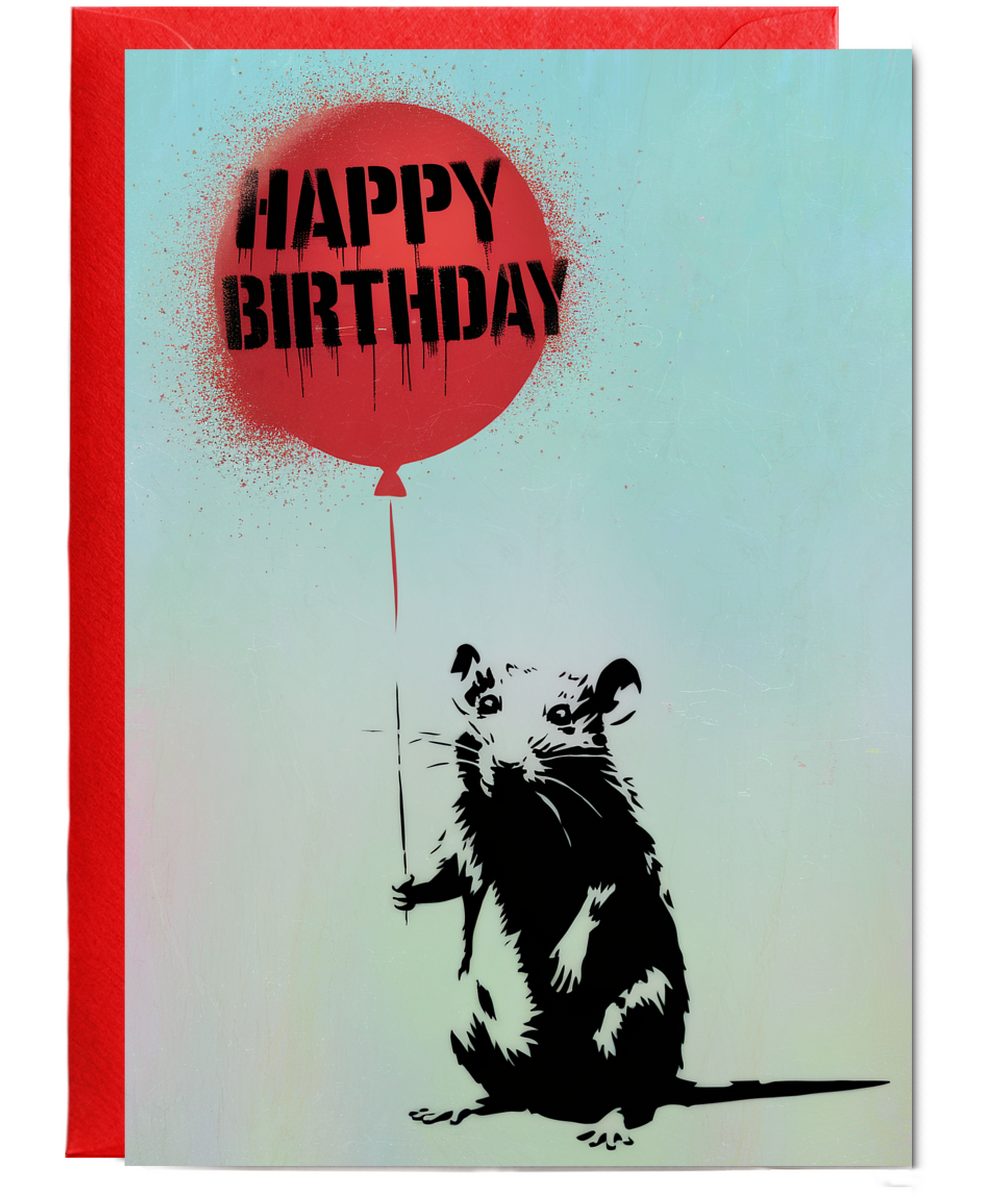 Happy Birthday Card Rat stencil red balloon
