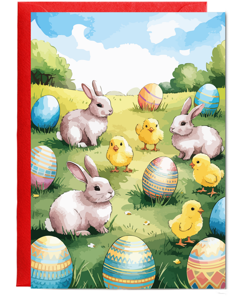 Easter field eggs chicks and bunnies