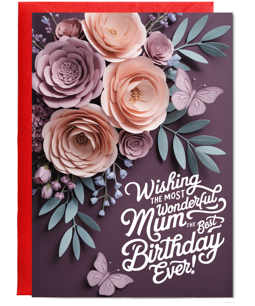 3D effect flowers and butterfly wishing the most wonderful mum the best birthday ever