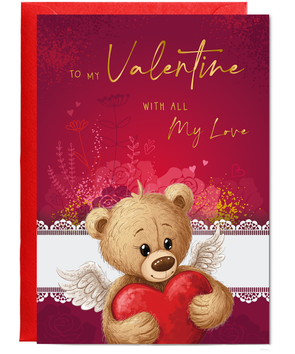 Cute Romantic Valentines Day Card To My Valentine With All My Love Cupid Teddy Bear