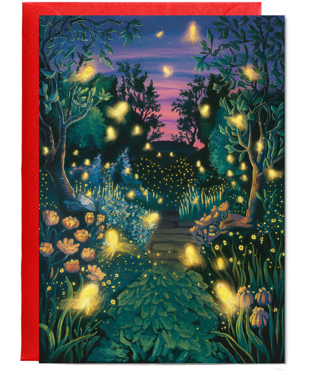 fireflies glowing in a twilight garden