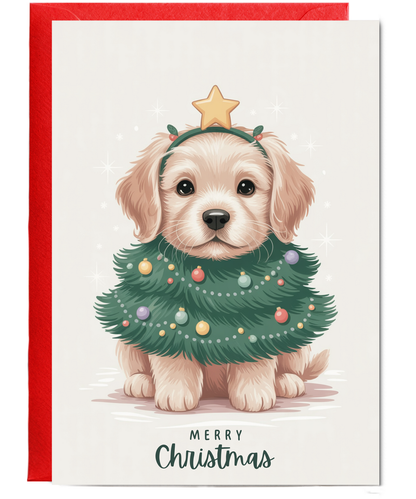 Golden retriever in christmas tree costume