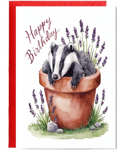 Happy Birthday cute badger plant pot lavender watercolour