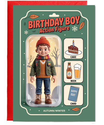 Happy Birthday card autumn and winter birthday boy action figure