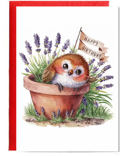 Happy Birthday cute robin plant pot lavender watercolour