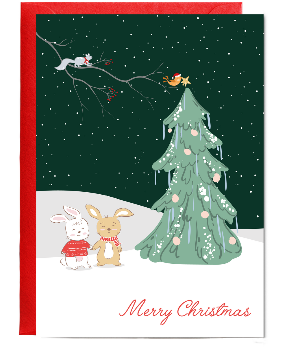 Merry Christmas Card Woodland Animals Decorating Snowy Tree