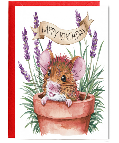 Happy Birthday cute mouse plant pot lavender watercolour