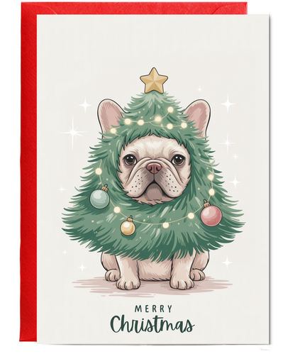 French bulldog in christmas tree costume